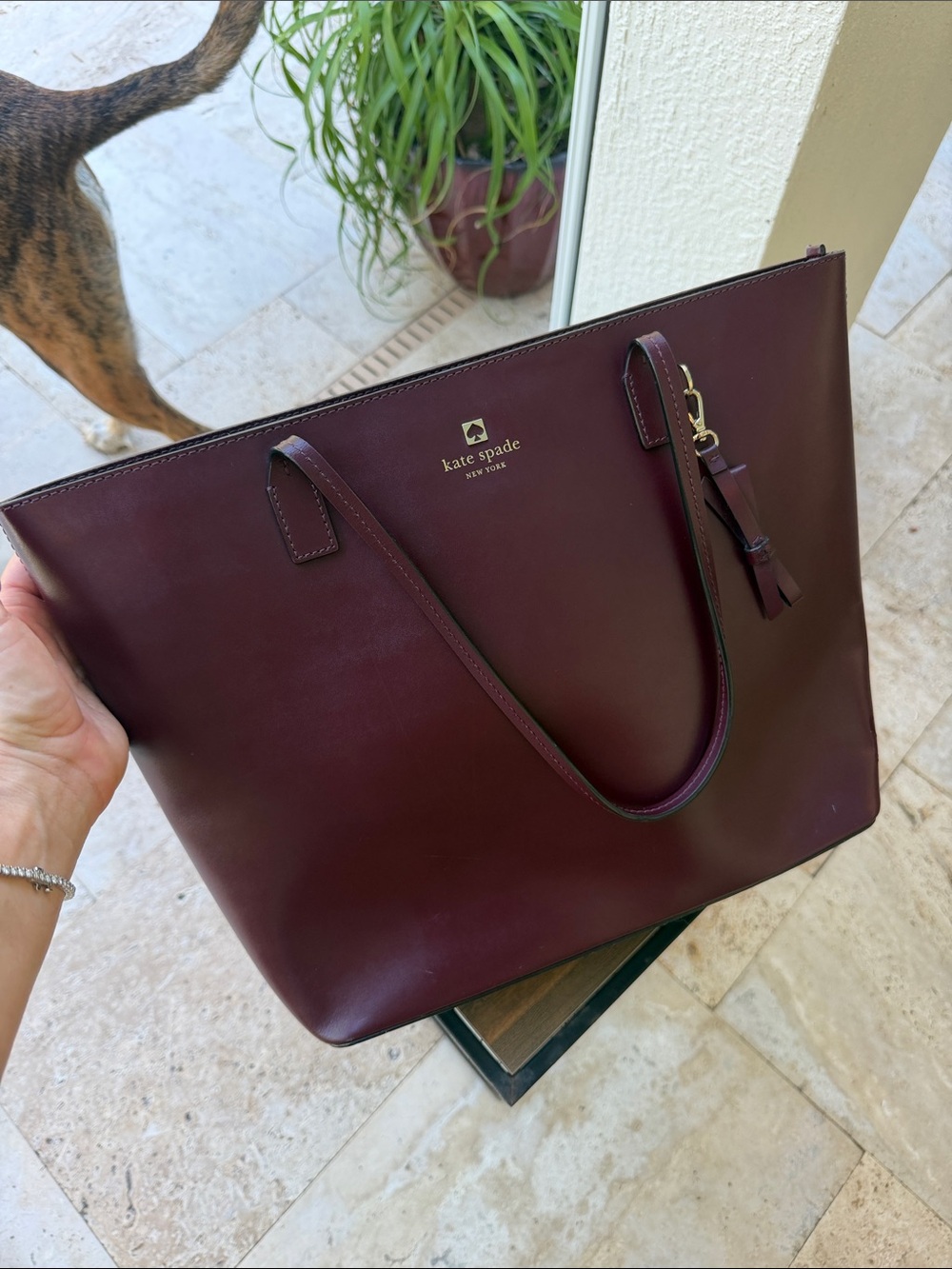 kate spade Leather Tote in Burgundy with Gold Logo